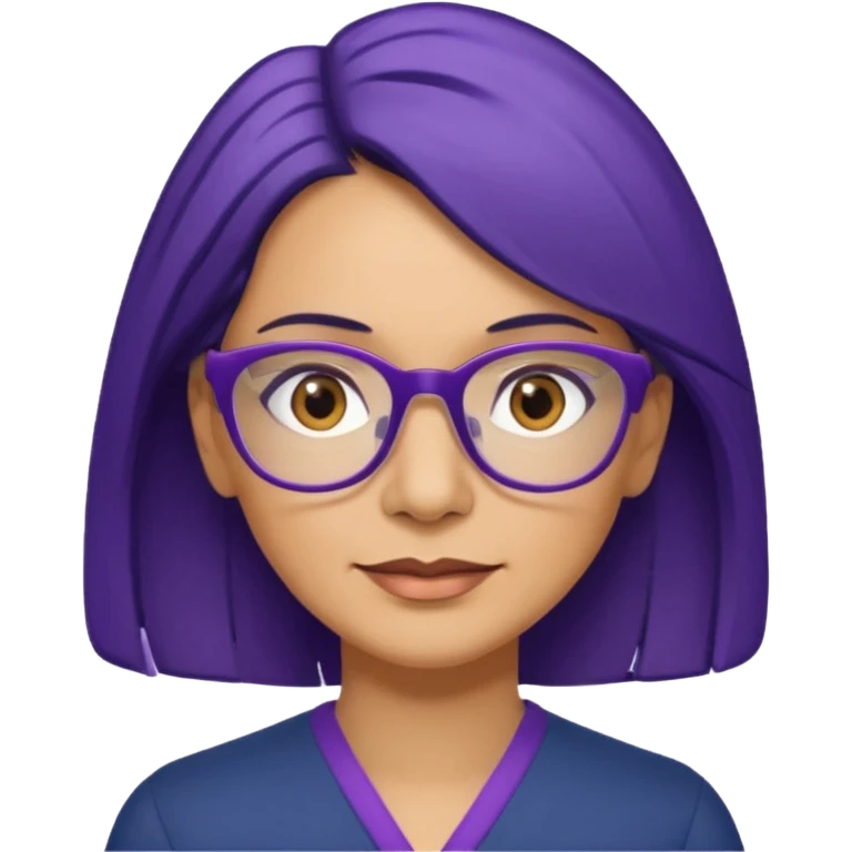 51-year-old woman. Navy blue shoulder-length hair. Purple wire-rimmed glasses. Brown eyes. emoji
