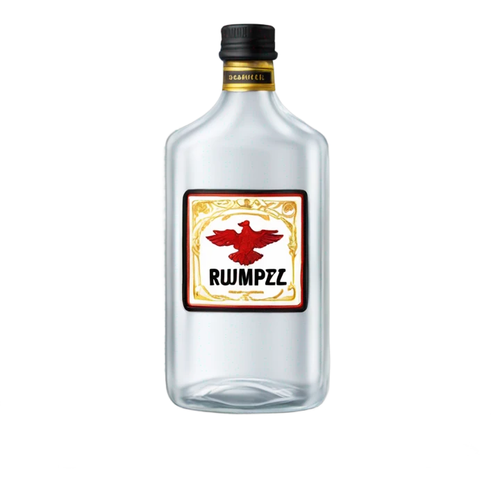 clear bottle of rumpleminze clear alcohol with a label that black with red border and font that has a small gold eagle on the label that says “RUMPZ” emoji