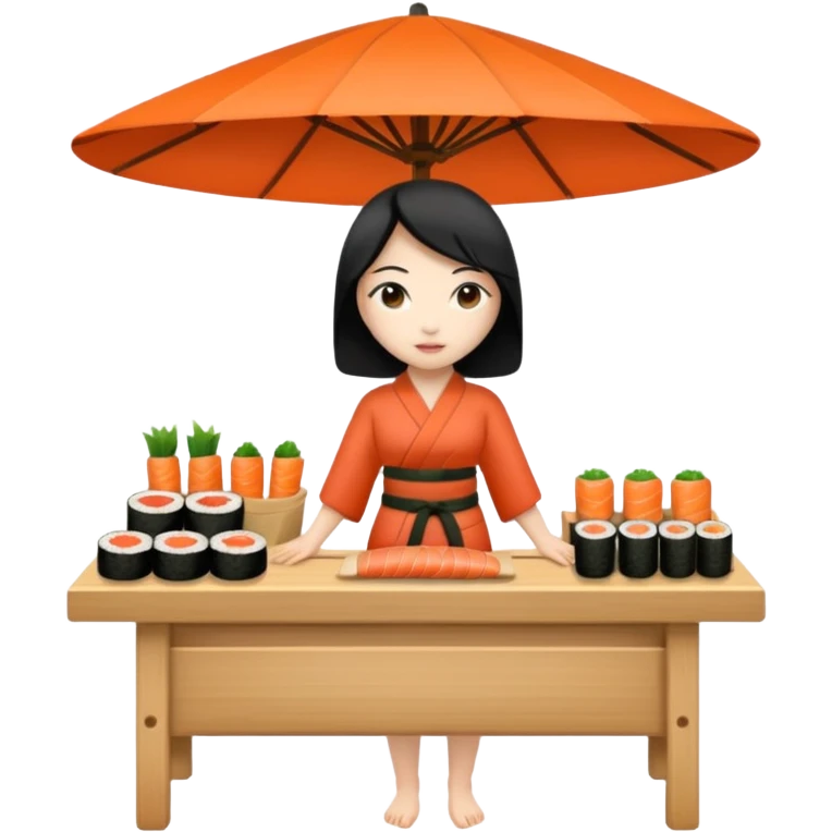 Naked asian female sushi vender on a marketplace; full body  emoji