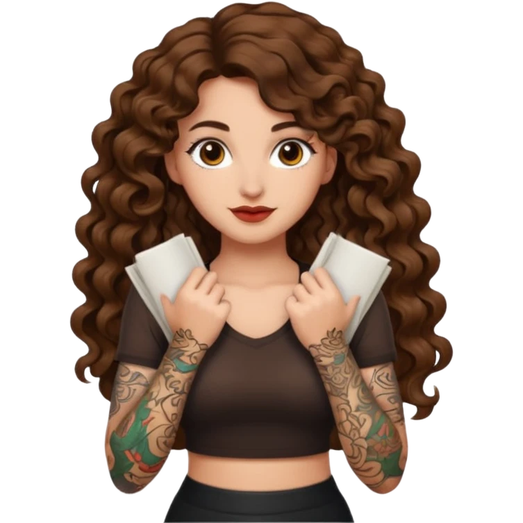 success scroll — long wavy brown hair tattooed woman and short tight curly brown hair woman — proud pose emoji