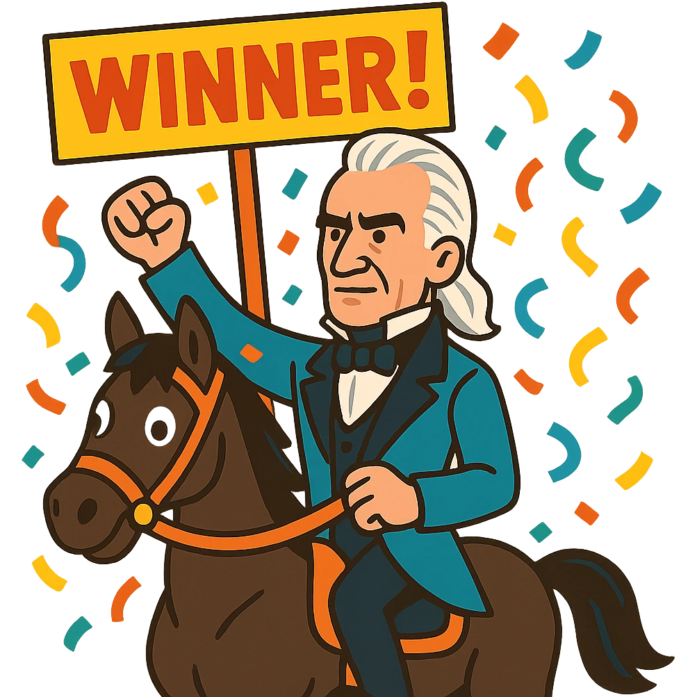James K. Polk on a dark horse, confetti and 'Winner!' sign, bright colors, vibrant toon style emoji