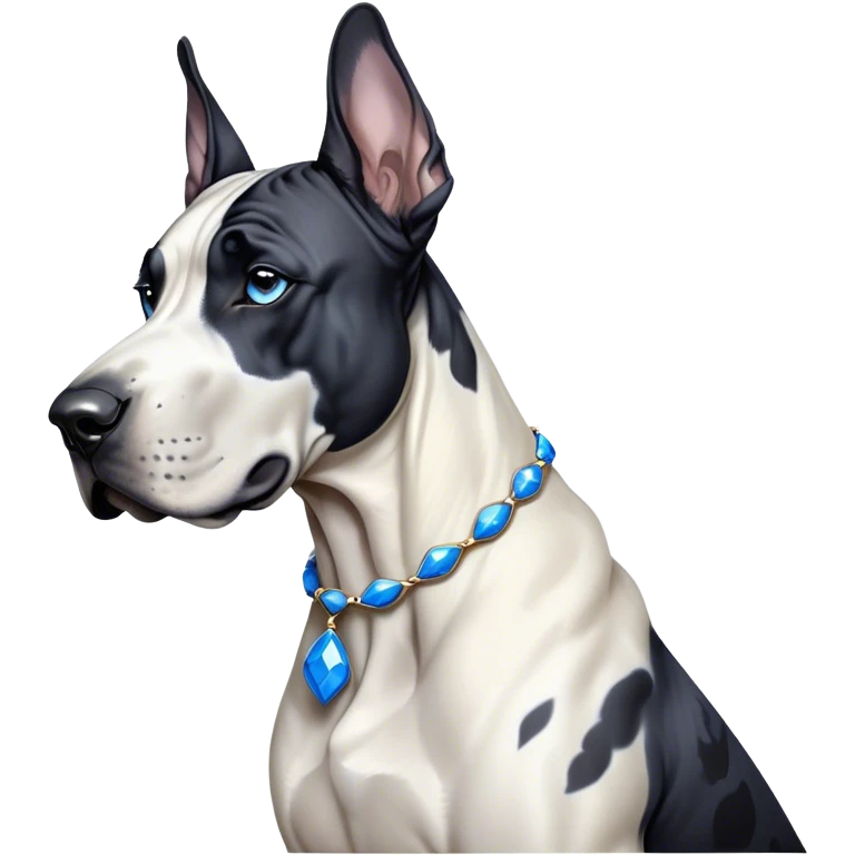Cinematic Noble Harlequin Great Dane Portrait Emoji, Poised and regal, with a towering, muscular build and a striking coat of predominantly white with bold black patches, deep-set soulful blue eyes, Simplified yet sharp and sophisticated features, highly detailed, glowing with a soft, dignified glow, high shine, intelligent and loyal, stylized with an air of majesty, focused and attentive, soft glowing outline, capturing the essence of a watchful and confident guardian, so majestic it feels as though it could stride out of the screen with effortless authority! emoji