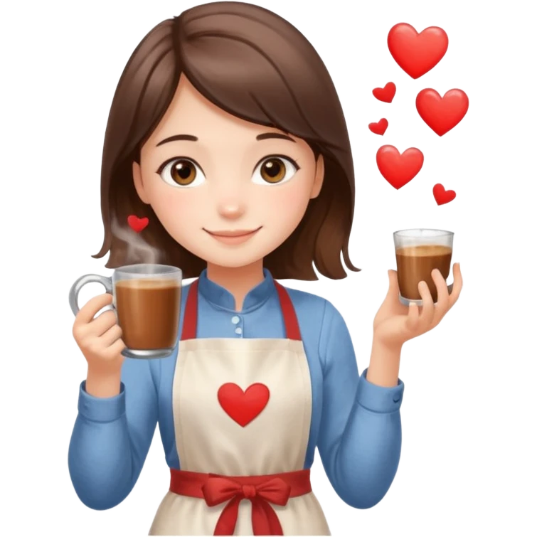 Cute daughter asking her mom for coffee, holding a steaming glass mug of Nescafe, shy smile, cozy kitchen scene, soft watercolor style, floating hearts, high resolution, sticker style emoji