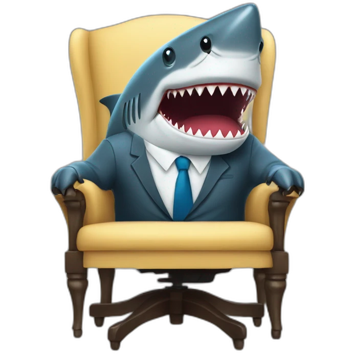 A shark wearing a suit looking straight while sitting in a chair emoji