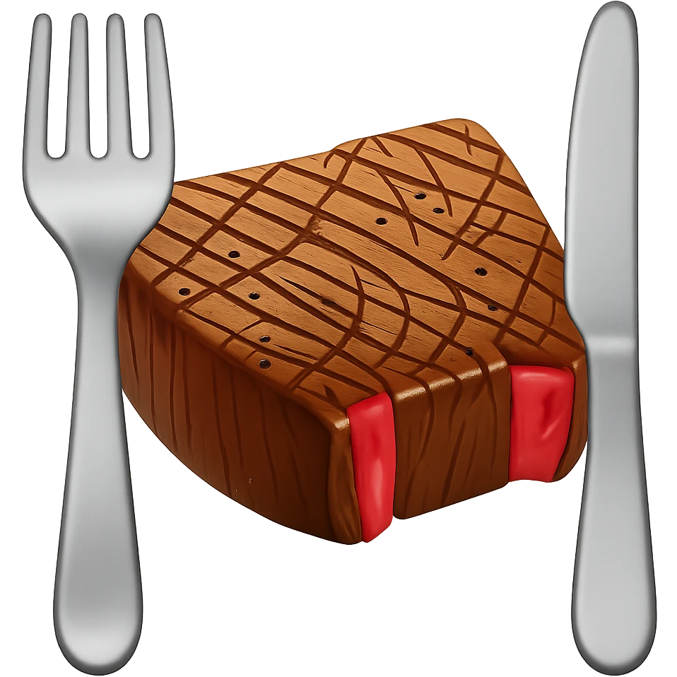 Add a fork and knife next to the steak in the style of an apple emoji. Keep the apple emoji style and no background. emoji