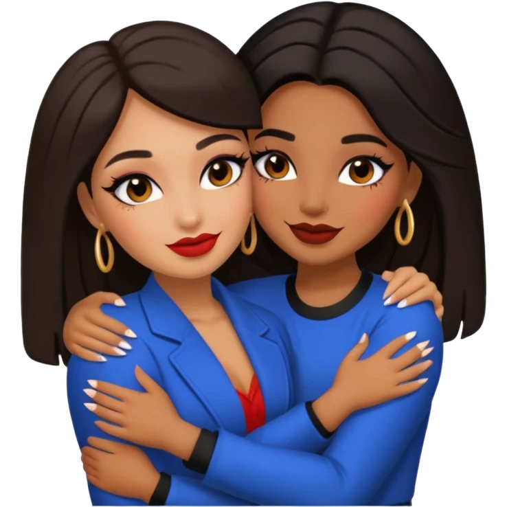 Boujy baddie best friends happy hugging, trendy heavy makeup emoji