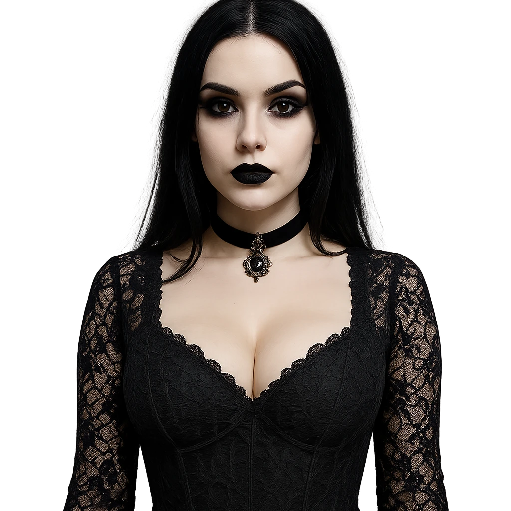 gothic girl with prominent bust, black lace dress, choker, dark lipstick, pale complexion emoji