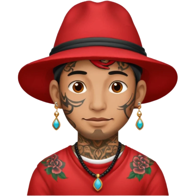 unique looking tourist with big unique red tourist hat and earrings, man with lots of tattoes emoji