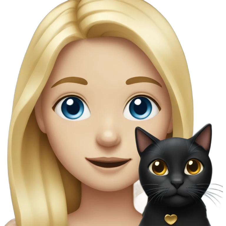 blonde girl with blue eyes and freckles smiling and holding a black cat with golden eyes emoji