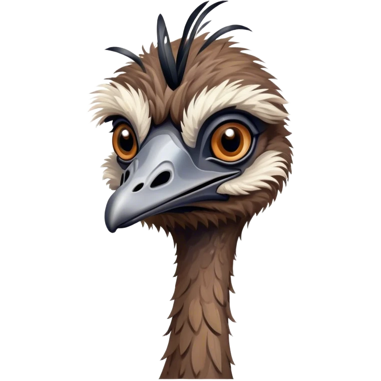 Cinematic Noble Emu Portrait Emoji, Poised and regal, with a tall, slender build and a shaggy, well-groomed fur of earthy brown feathers, a long elegant neck and deep-set soulful eyes, Simplified yet sharp and sophisticated features, highly detailed, glowing with a soft, dignified glow, high shine, intelligent and stately, stylized with an air of outback majesty, focused and attentive, soft glowing outline, capturing the essence of a watchful and confident bird, so majestic it feels as though it could stride out of the screen with effortless authority! emoji