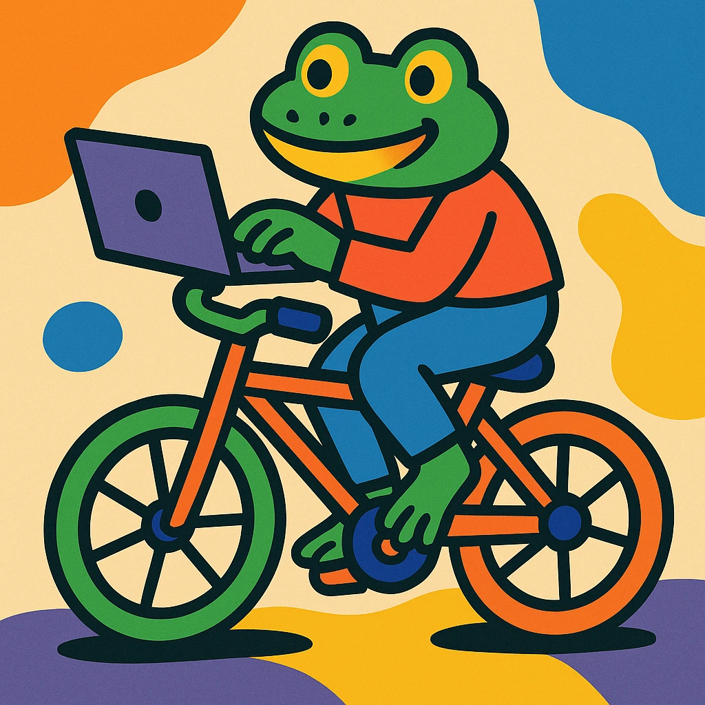 a frog working on a laptop while riding a bike, fun and whimsical style, colorful and playful cartoon illustration emoji