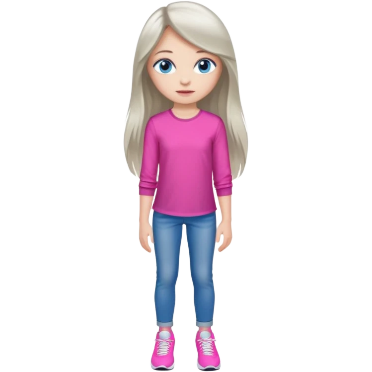 beautiful girl with long fair hair, blue eyes, in a vivid pink blouse, grey jeans and white trainers emoji