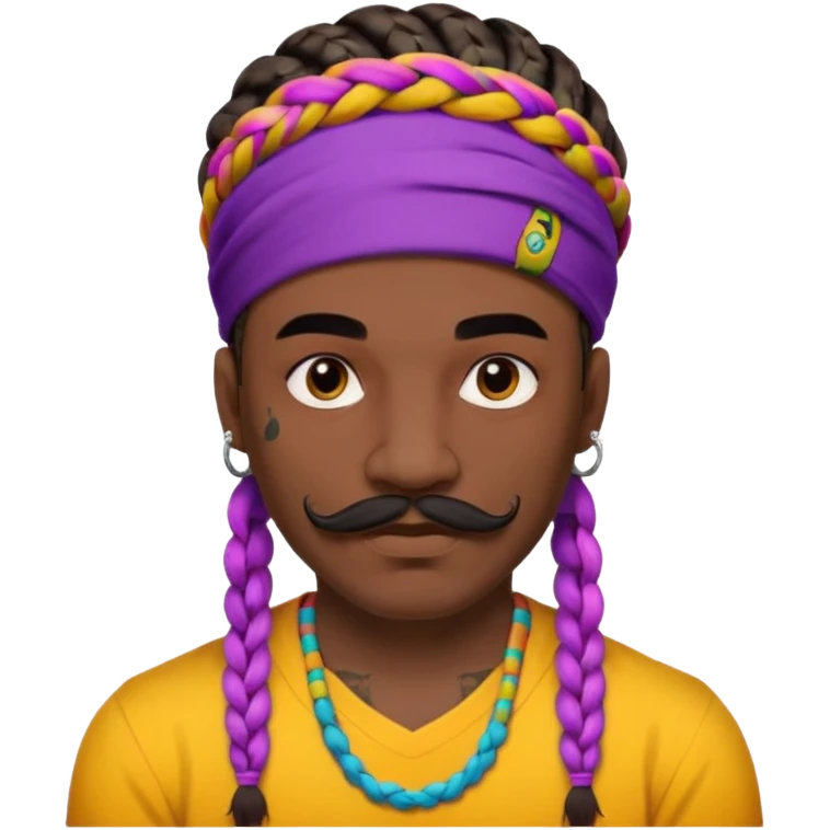 big lose braids starting from the top of the head man with mustache face wiith big visible braids and mono color headband on head  face and braids as big as headband and lots and lots of face tattoos colored tattoos like a tattoo artist hair unique color emoji