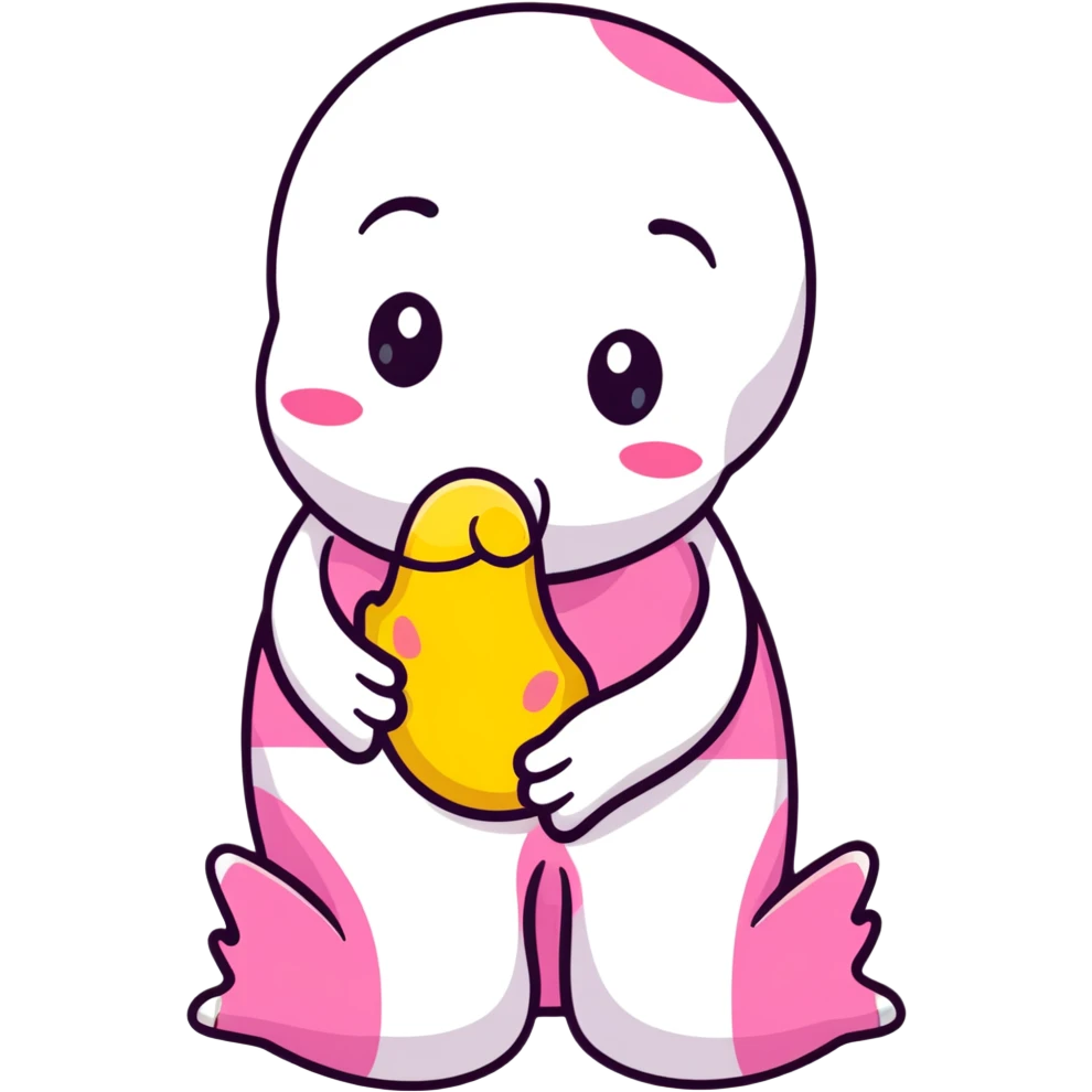 kissing emoji with a yellow bone in its mouth, bone has a pink tip emoji
