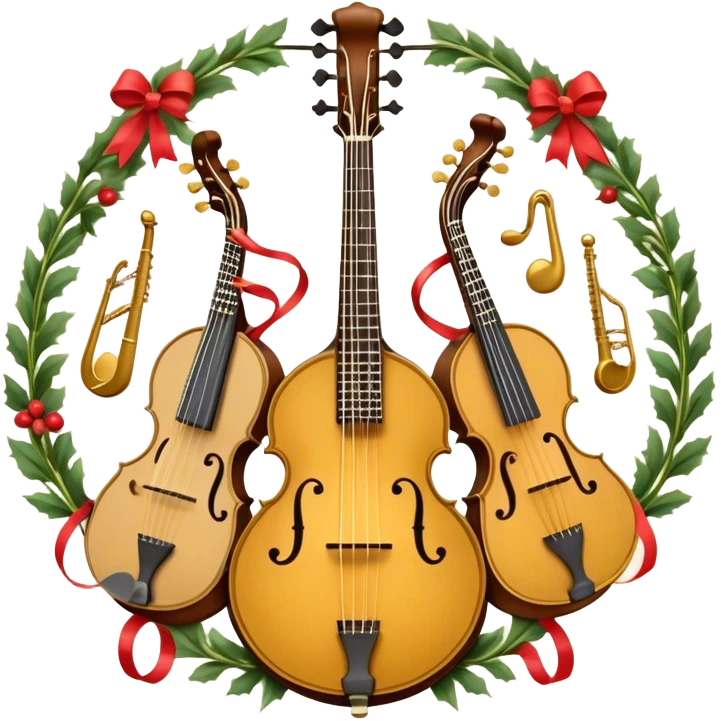 Design a complex and festive emblem-like emoji representing plucked string instruments, such as a banjo, mandolin, domra, sitar, and similar instruments. The composition should resemble a heraldic crest, with the instruments arranged symmetrically and gracefully, their necks intertwining with a flowing ribbon of musical notes. The ribbon should weave through the strings and headstocks, symbolizing the harmonious connection between the instruments. Use detailed engraving on the instrument bodies and fretboards to emphasize their craftsmanship. Incorporate rich, celebratory colors like gold, mahogany brown, deep green, and vibrant accents. Add subtle shading and light reflections to create a three-dimensional, polished look. Include ornate elements like swirls, laurel leaves, and decorative flourishes to enhance the festive and professional appearance. The background should be transparent to highlight the emblem as a standalone piece. emoji