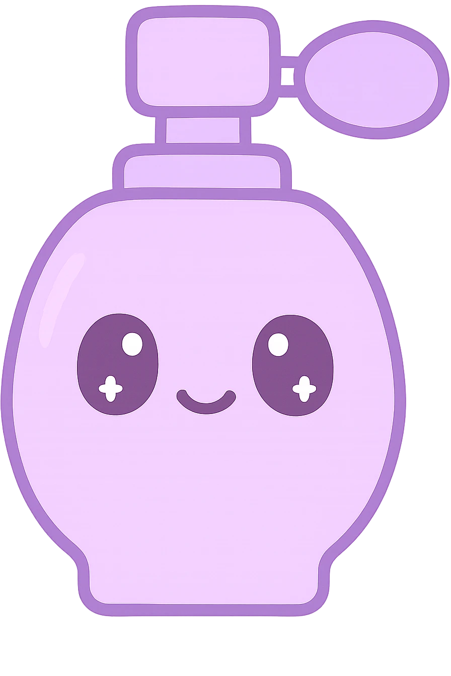 purple perfume bottle, soft pastel colors, cute and rounded, kawaii style emoji