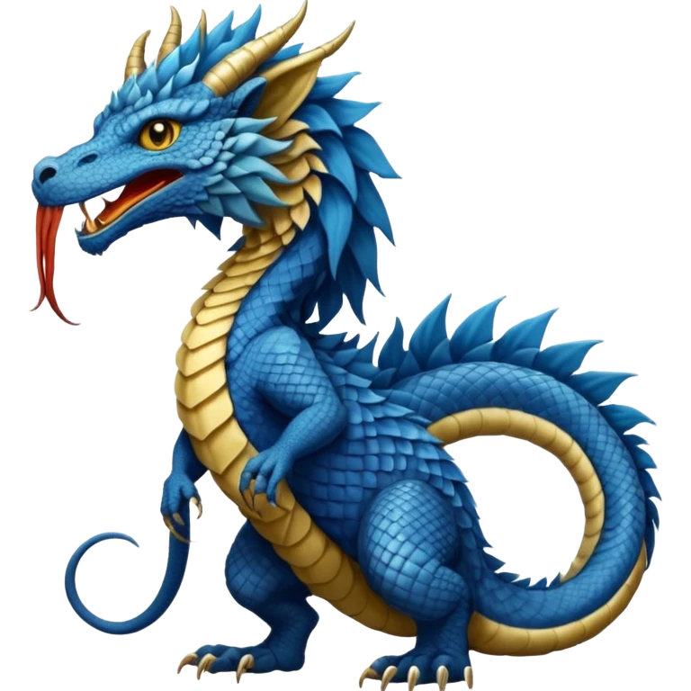 Mušḫuššu, ancient Mesopotamian hybrid, blue scaled body, lion mane, lion forelegs, eagle hind legs, long neck, horned dragon head, lizard tail, snake tongue, no wings, divine, terrifying emoji