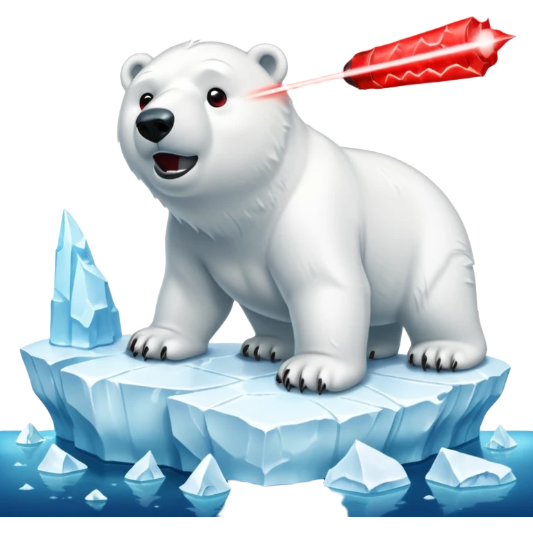 Create a polar bar shooting red lasers out of its eyes on an iceberg with text on the bottom saying “BYE BYE POLAR BEARS” emoji