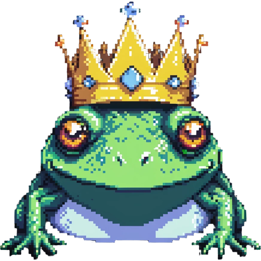 pixel art crowned frog close-up face with crown emoji
