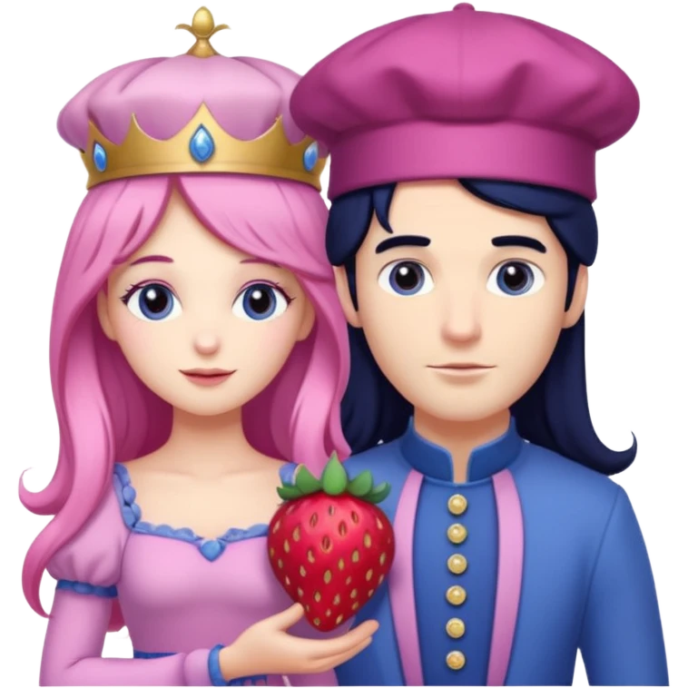 pale blueberry prince man Handsome with long black hair blueberry hat and clothes. He is standing  next to pale strawberry princess woman with strawberry hat eyelashes long pink hair and Pink strawberry dress with purple grape baby emoji
