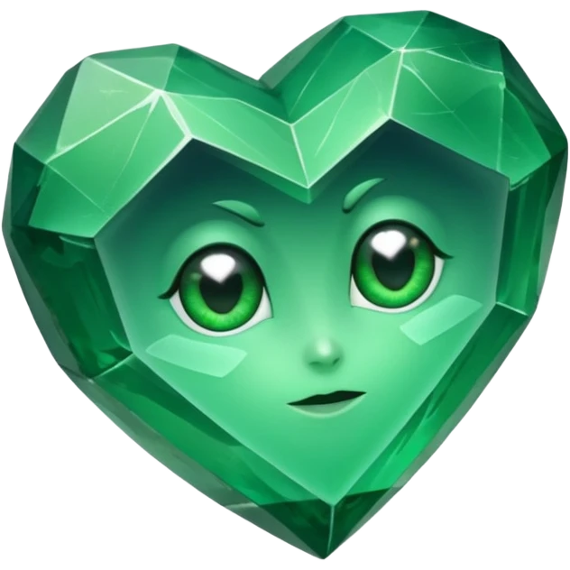 very sharp green gem mineral , multiple irregular chunks, very shiny with two eyes and heart shaped emoji