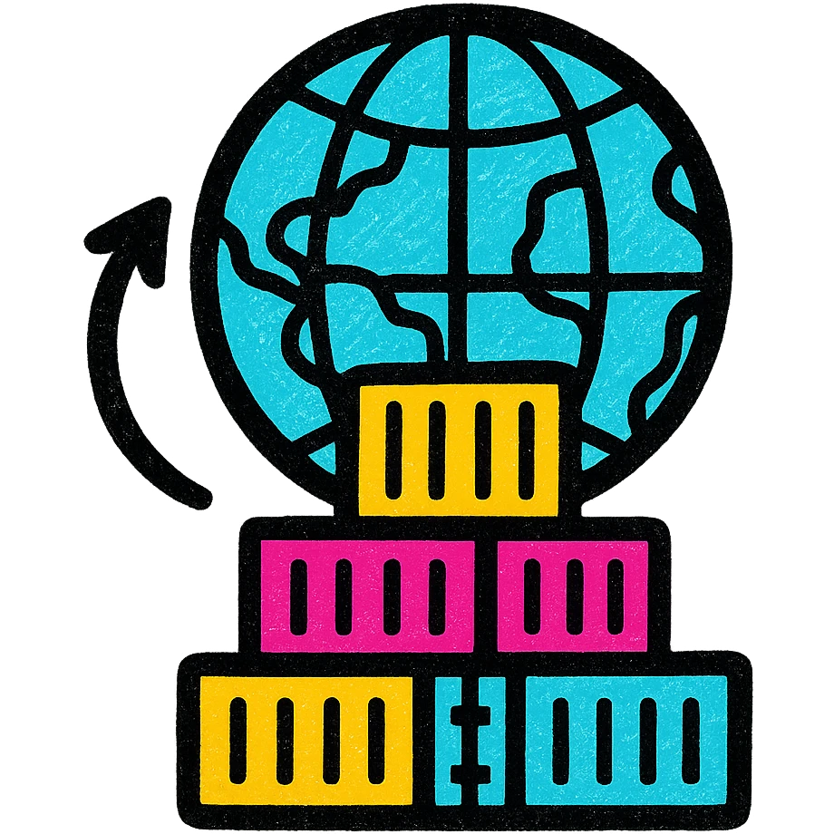 A vibrant and colorful icon representing international trade with a globe and shipping containers emoji