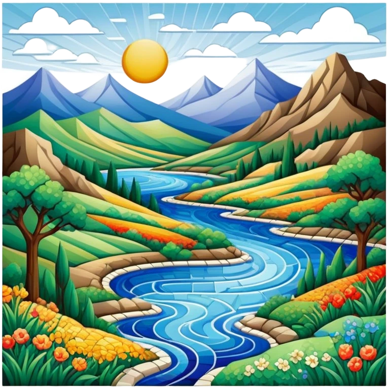 Mosaic art icon, colorful tiles forming a detailed picture, like a landscape, intricate patterns, some tiles in process of placement, minimalistic style, clean lines, transparent background. emoji