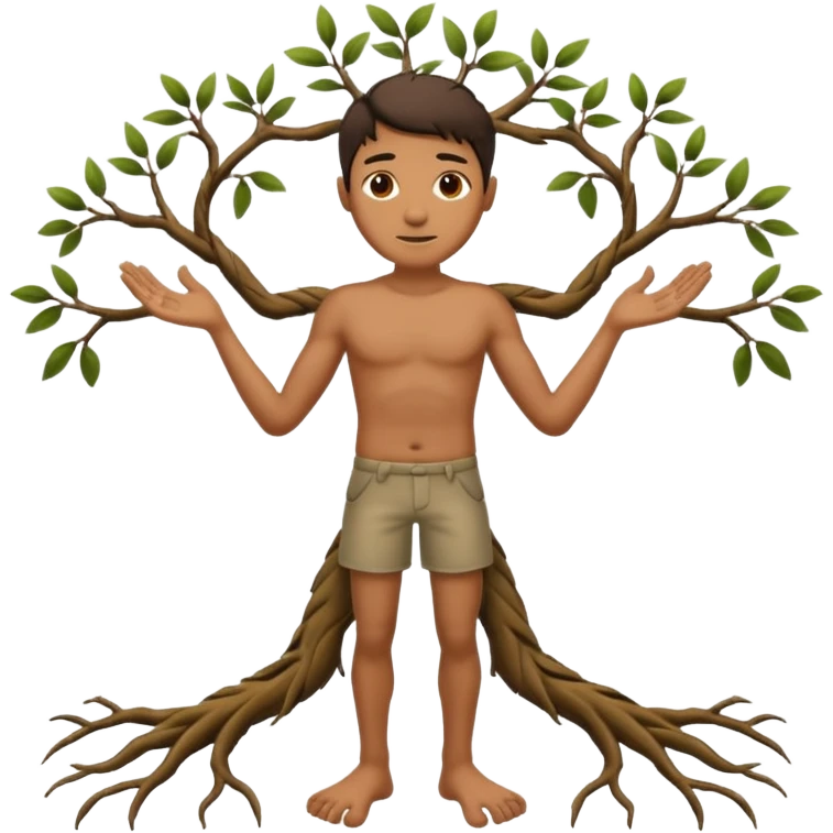 A man with three texture, branch arms, roots feet emoji