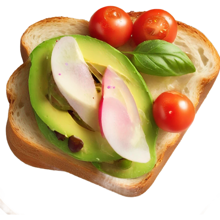 An avocado toast on long slide of bread with cherry tomatoes and radish on top  emoji