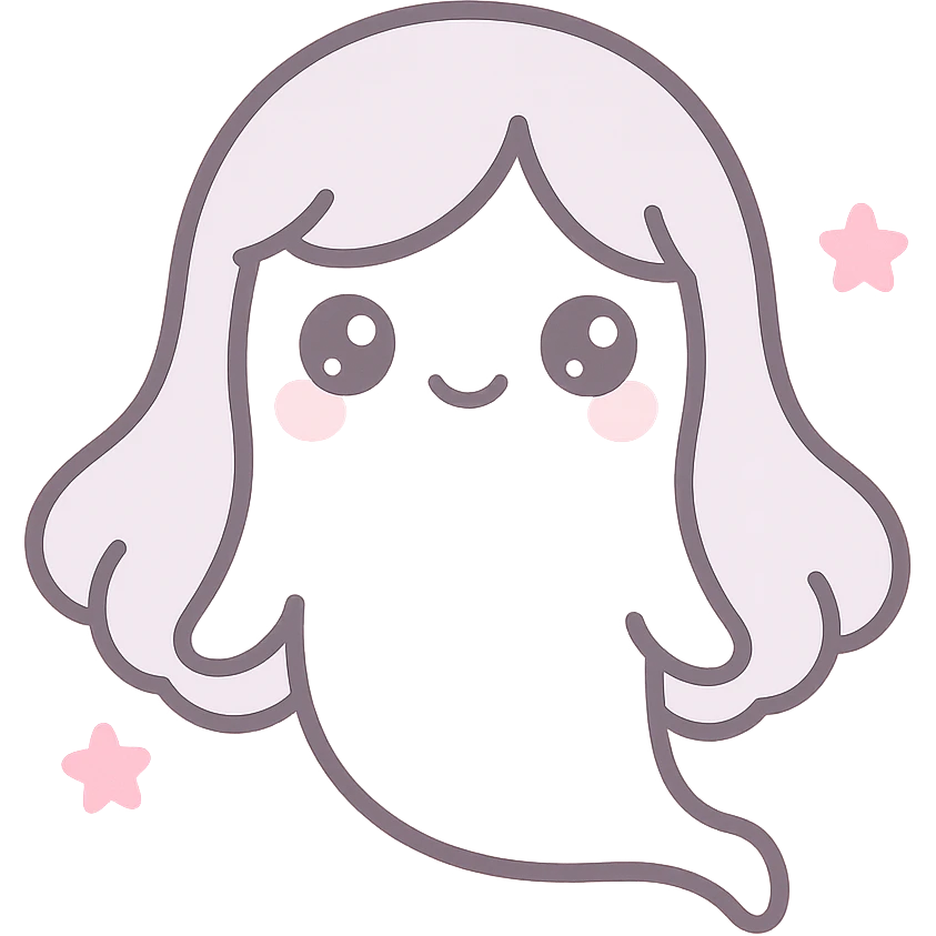 cute girl ghost, floating, long hair, friendly face, white, minimal background emoji
