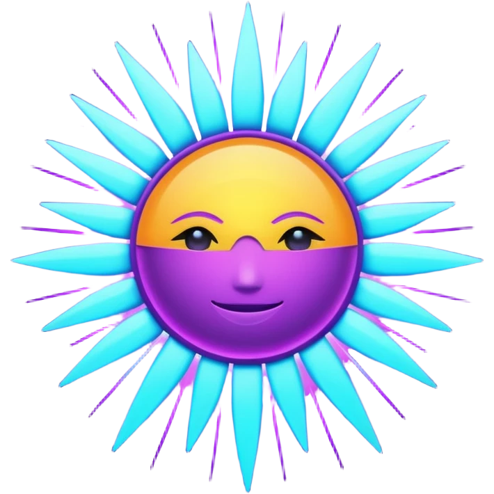 Futuristic glowing sun, neon rays, bright holographic purple and cyan glow, dark background, digital tech style emoji