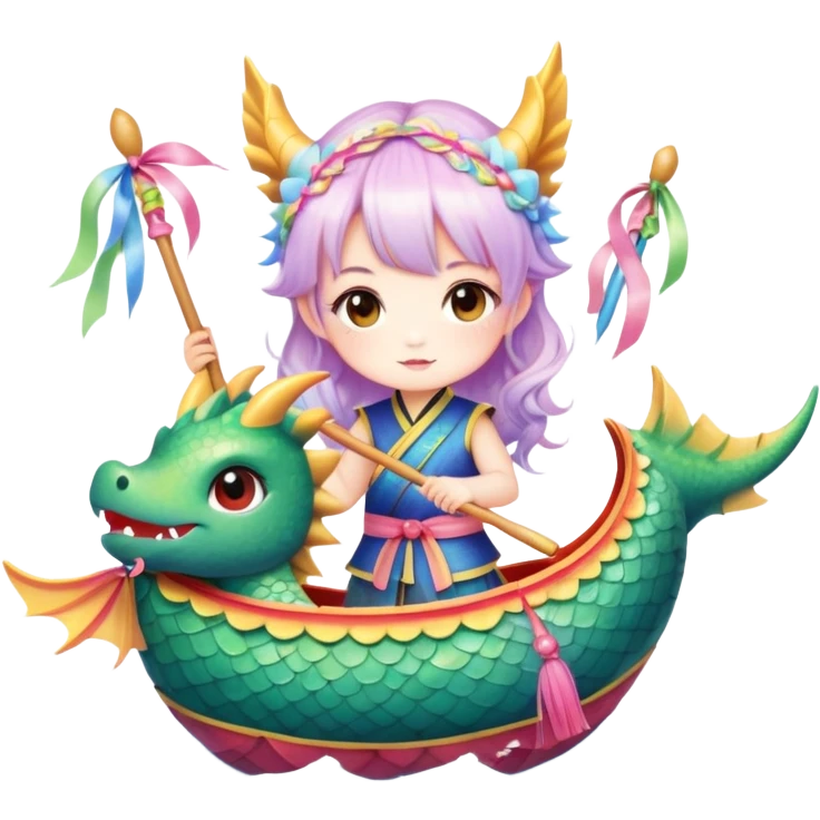 A chibi girl dressed as a dragon boat drummer, holding soft pastel drumsticks, standing in a fluffy dragon boat, colorful festival ribbons flying, sparkles and cute mini fish swimming below, soft pastel colors, watercolor texture, transparent background emoji