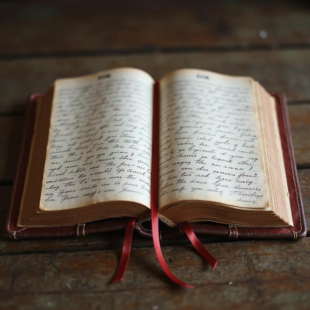 a realistic leather-bound diary, detailed, open to a page with handwriting, dark red leather, ribbon bookmark emoji