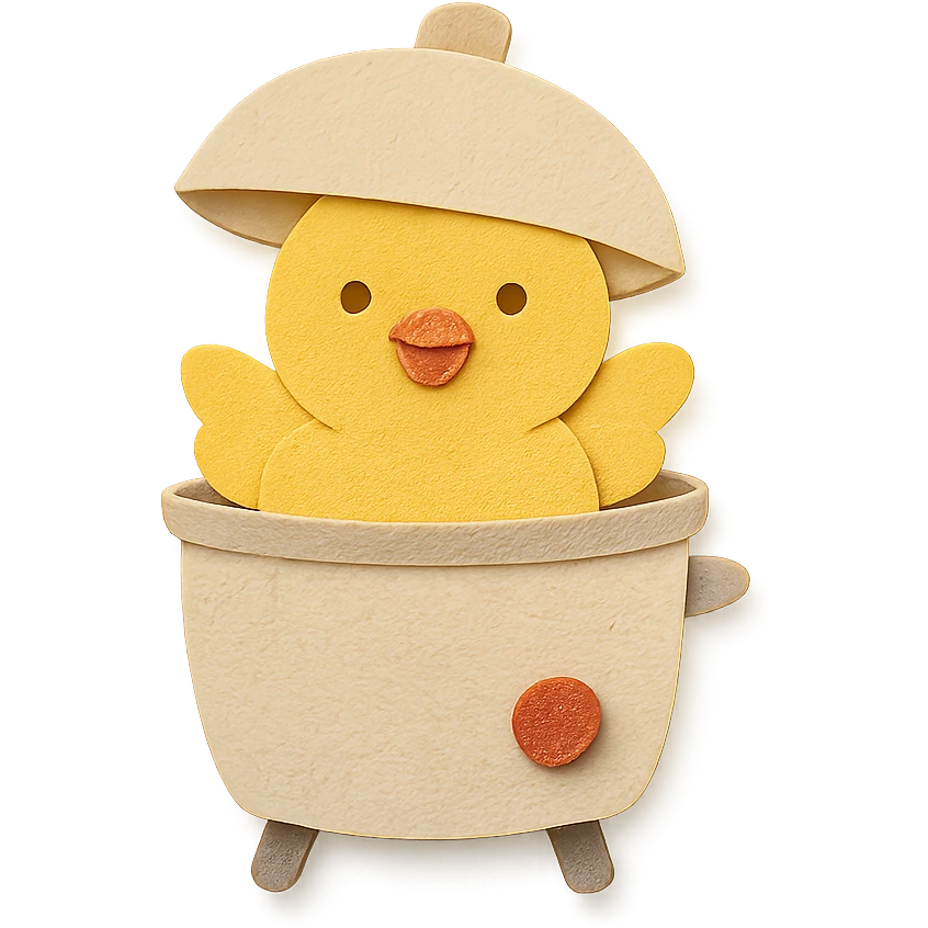 soft yellow egg cooker chick, popping out of the lid, smiling brightly, full-body emoji