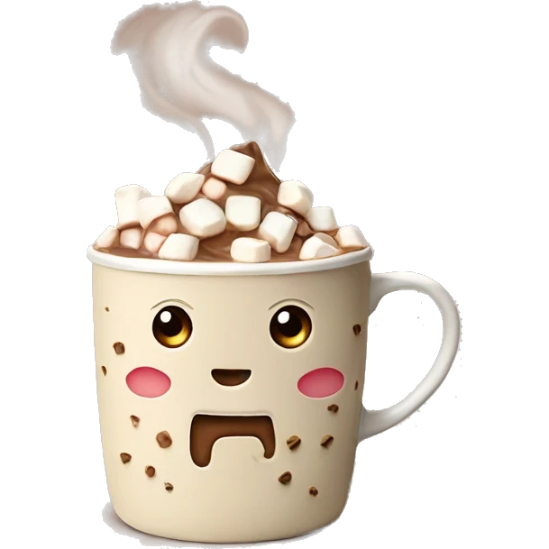 hot chocolate in beige patterned mug with marhsmallows inside hot chiy emoji