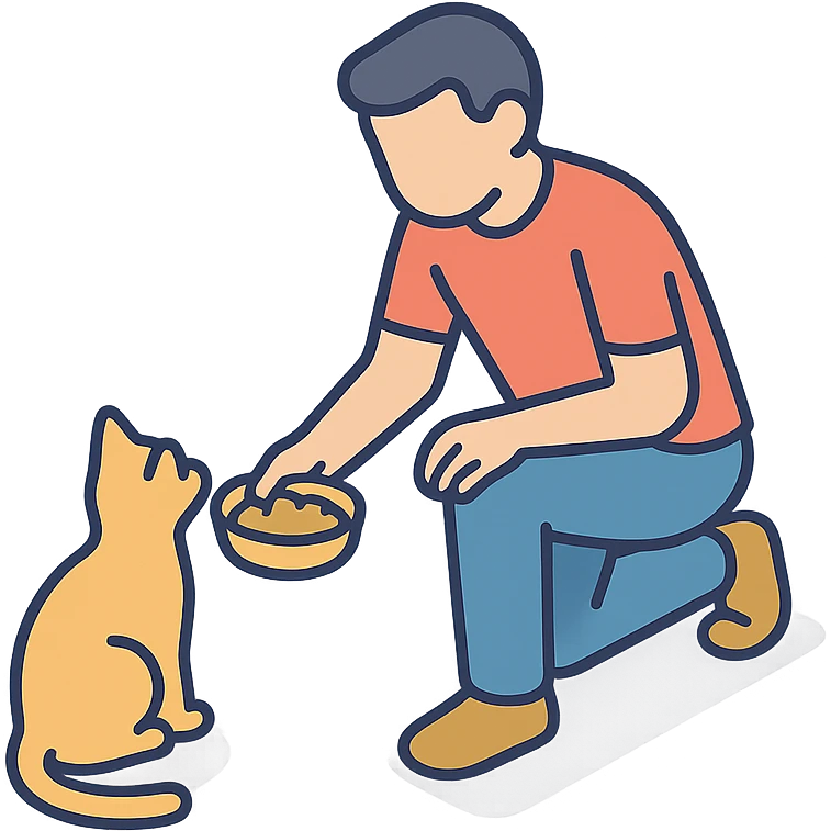 мужчина кормит кошку emoji