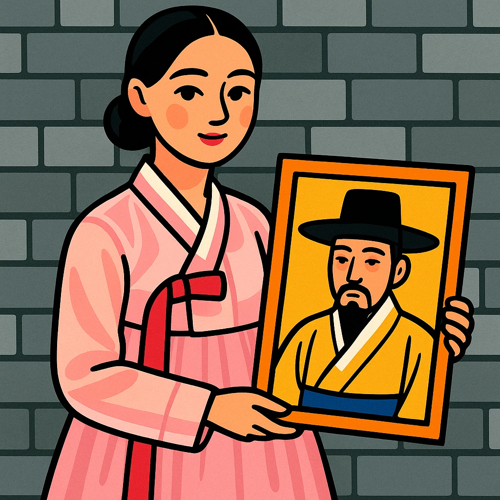 a young woman in a pale pink, sheer hanbok holding a traditional Korean portrait in front of a grey stone wall, vibrant toon style emoji