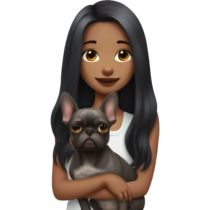 Girl with dark long hair holding Merle Frenchie  emoji