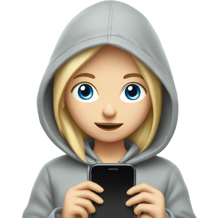 A blond girl with blue eyes that is wearing a grey hoodie and has a phone emoji