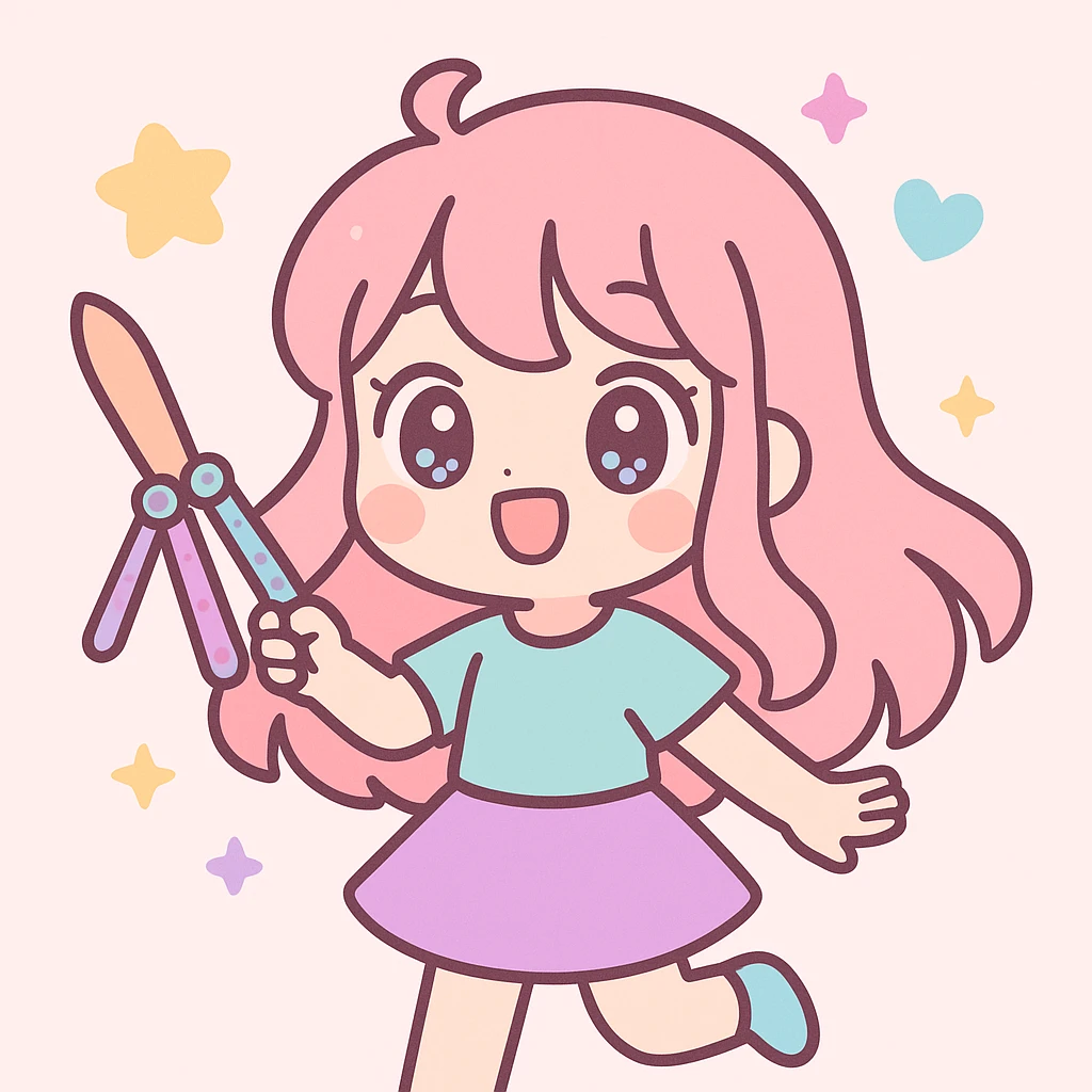cute anime girl happily playing with a balisong, vibrant colors, big expressive eyes, joyful expression, soft shading, detailed hair, dynamic pose, energetic background emoji