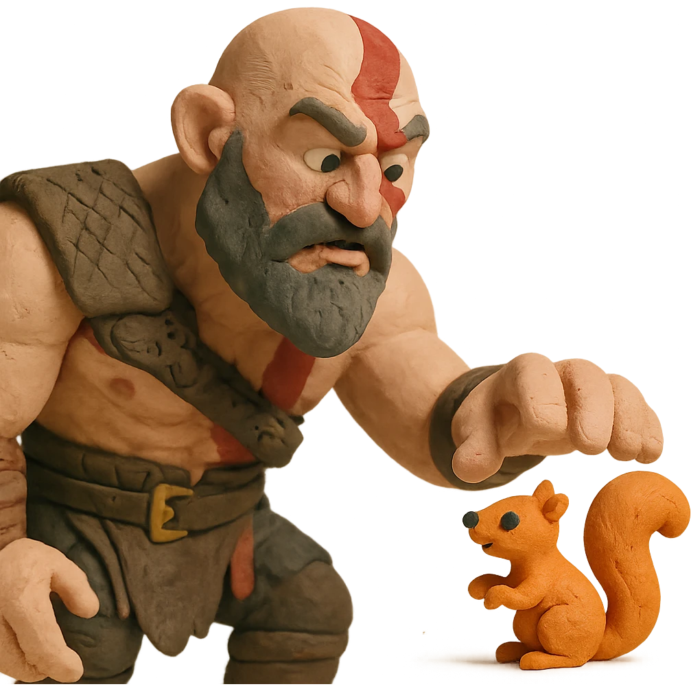 Kratos in a silly situation, trying to pet a tiny squirrel emoji