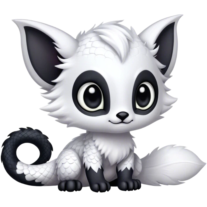 Fantasy-fantasy creature, black ears, no Scapha, black long scaly tail, big eyes, black eyes, white fur, black claws, cute, adorable emoji