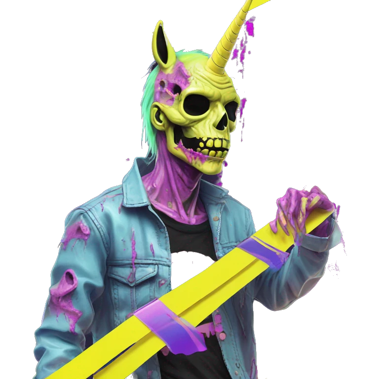 .Zombie_ Vaporwave black holographic oilslick zombie unicorn yellow caution tape and a vinyl emoji
