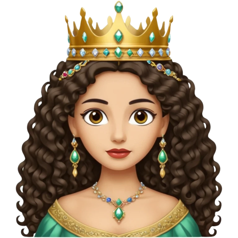 Queen with long dark curly hair, dark brown eyes, light olive skin tone emoji