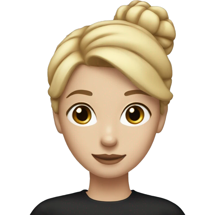 a woman with freckles, blue eyes, light skin, blonde straight hair with a bun. black shirt. emoji