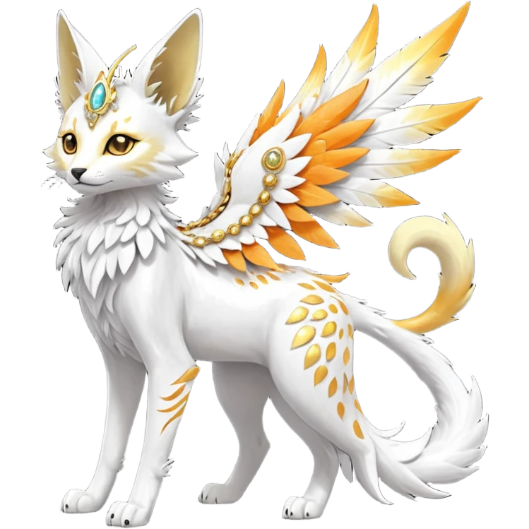 Epic complex fantasy glorious detailed futuristic divine godly angelic feathery sunny, white, albino, pastel, golden, orange glowing sparkly, realistic Fakémon-Sprigatito-Floragato-Meowscarada-Trico-Sergal-Serval-Solgaleo-Vernid-creature (full body) solarpunk, shiny sparkly, iridescent emoji