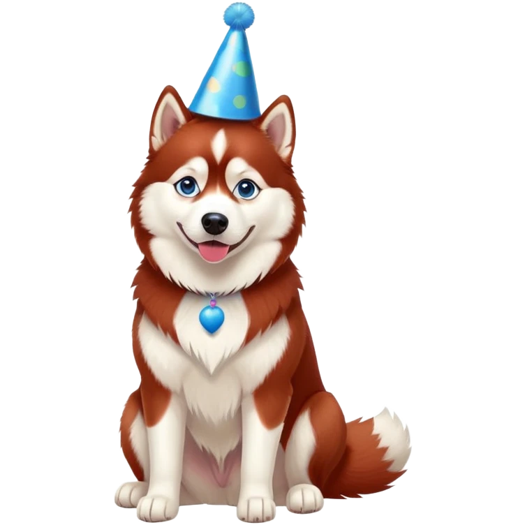 red siberian husky with blue eyes, sitting, wearing a party hat emoji