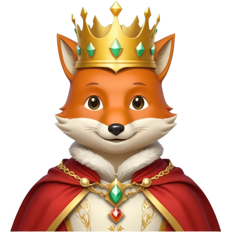fox king portrait, head and shoulders only, elegant golden crown, noble cloak collar, clever confident smile, fantasy kingdom vibe, 3D cartoon, mobile game icon style, clean background, no text, no watermark
 emoji