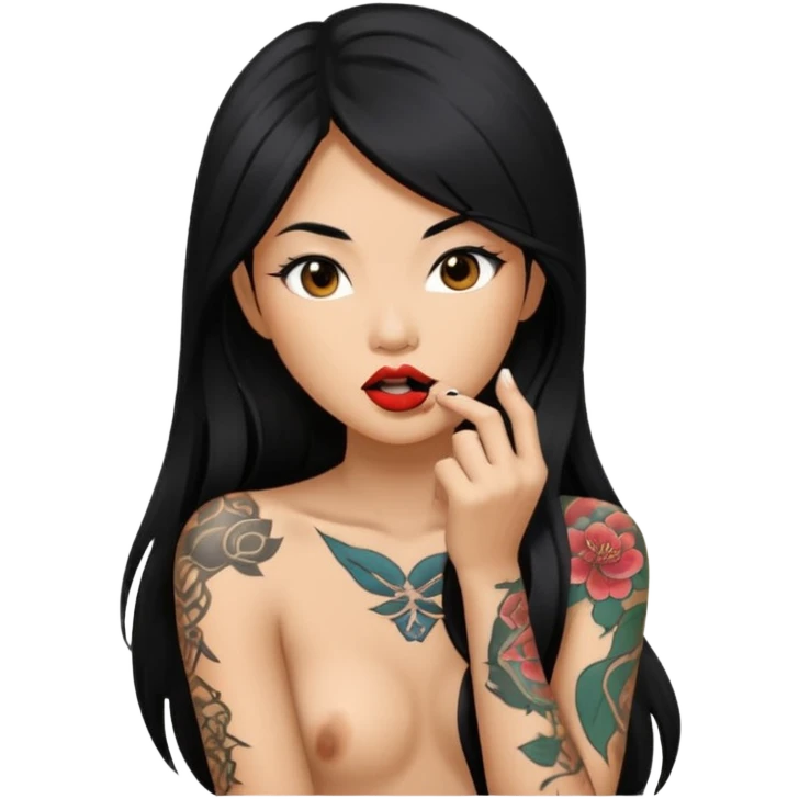Beautiful Asian woman with long black hair and tattoos on her body biting her lip emoji