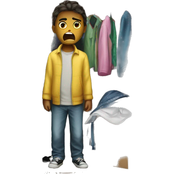 the child is angry and there is a closet with clothes next to him emoji